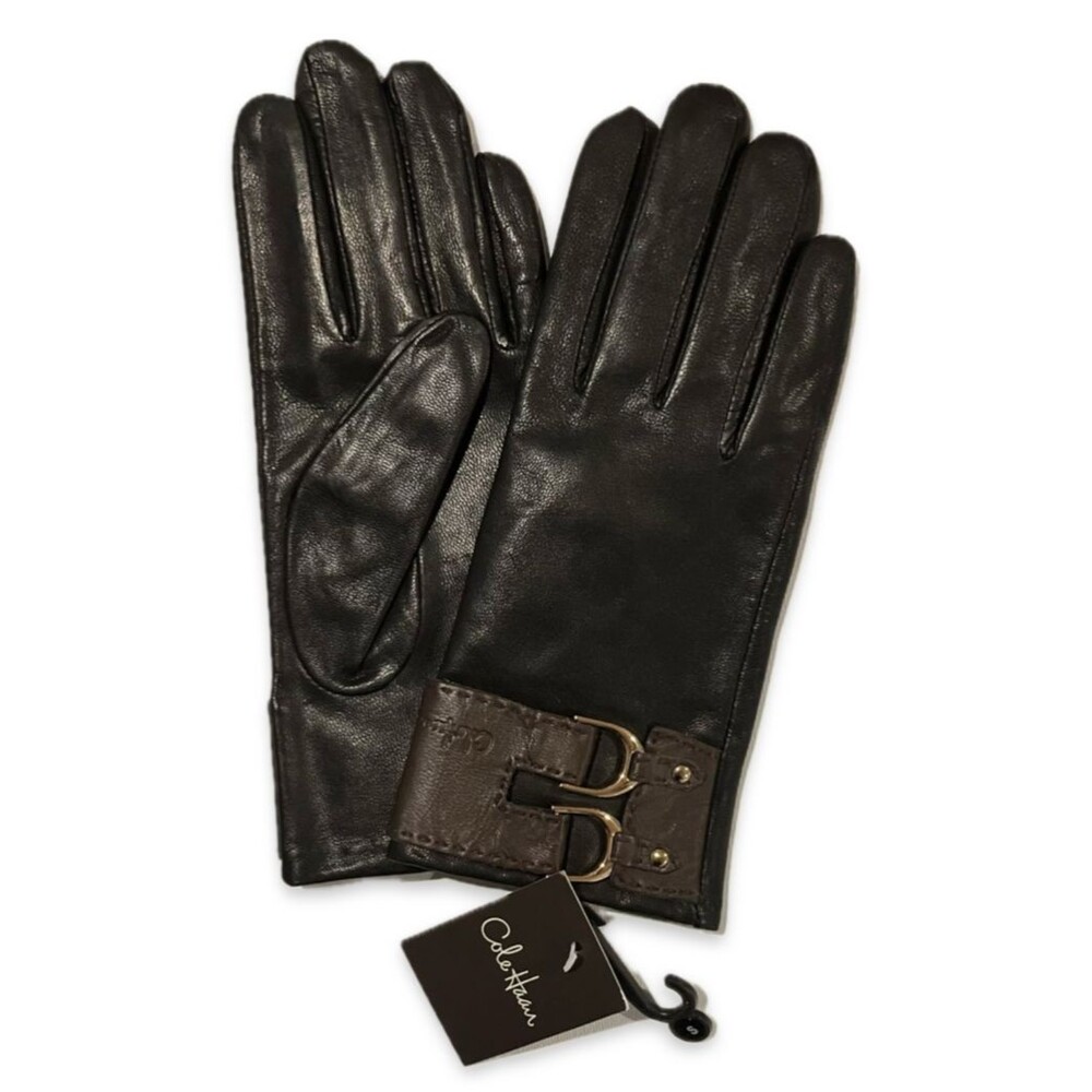 Cole Haan Women’s Black Leather Gloves with Double Buckle Cuff – Size Small